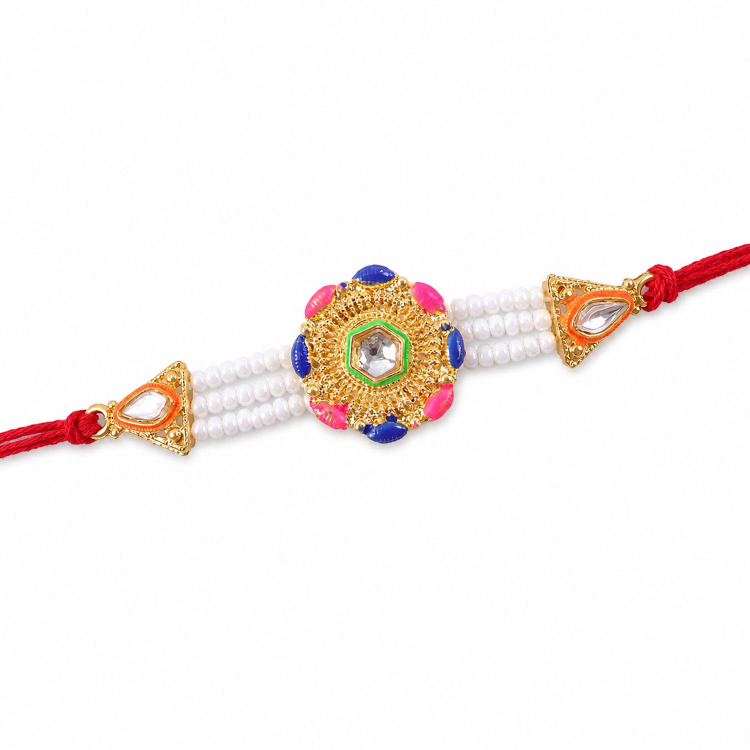 Round Filigree Kundan & Meenakari Centerpiece Rakhi with Triple Strand White Pearls