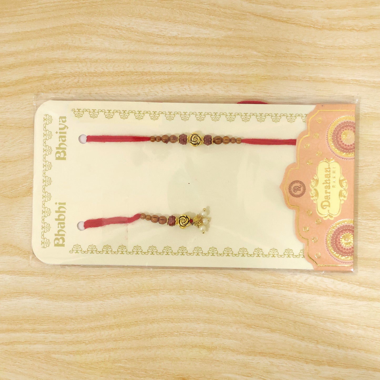 Antique Rose Couple Rakhi Set with Amber Beads and Pearl Drops for Raksha Bandhan