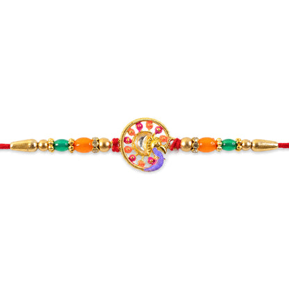 Traditional Rakhi with Round Sacred Medallion, gold trims and chain look for Gift Use