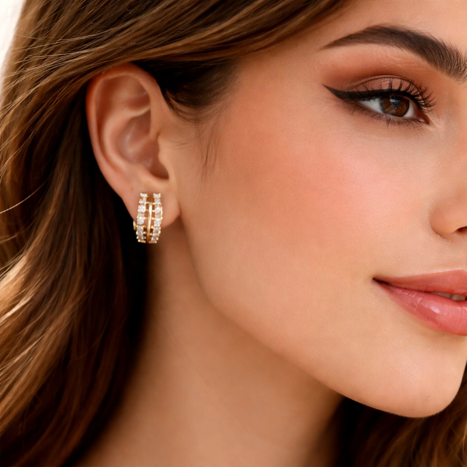 Elegant Gold Finish Double Line Stone Studded Hoop Earrings for Women