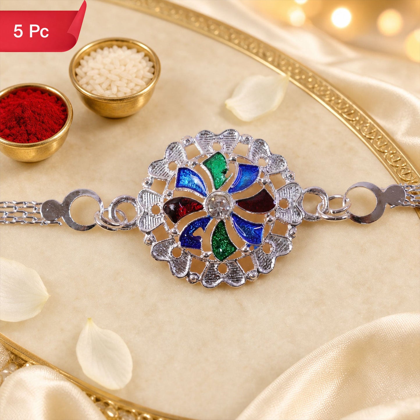 Round Meenakari Mandala Floral Enamel Crystal Silver Chain Rakhi (5pcs)