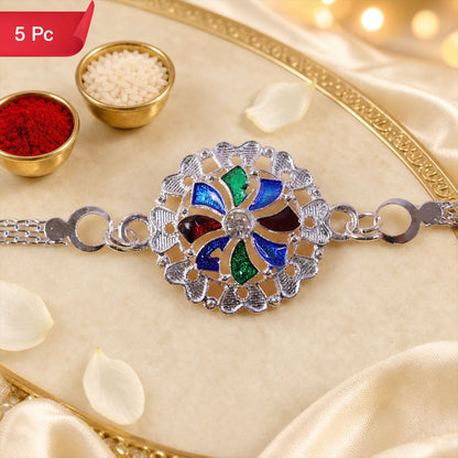Round Meenakari Mandala Floral Enamel Crystal Silver Chain Rakhi (5pcs)