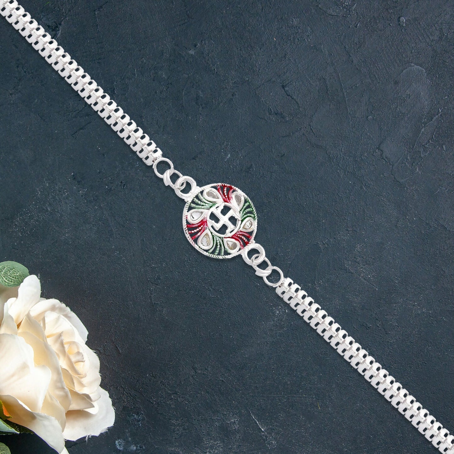 Buy Swastik Rakhi with Tricolor Enamel Silver Chain for Brother (10pcs)