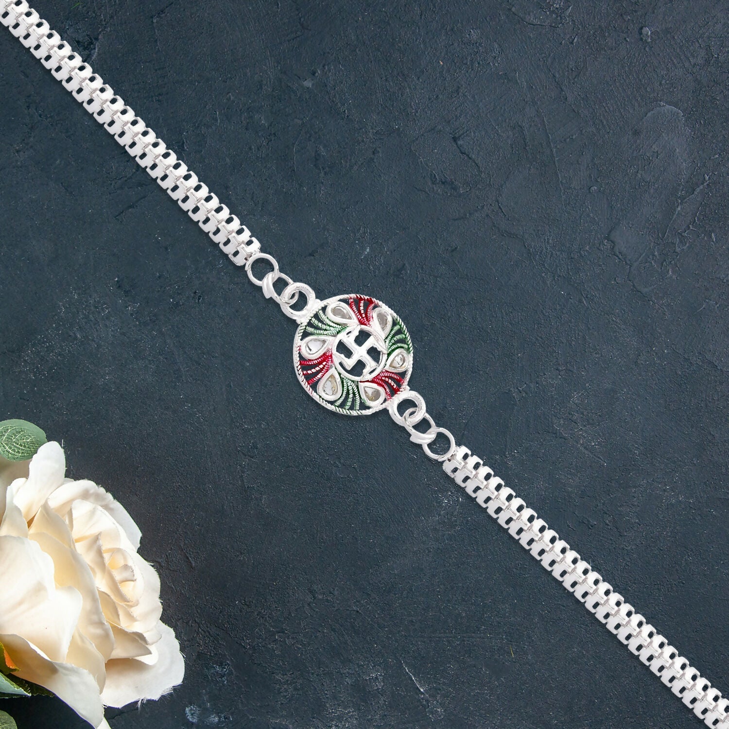 Buy Swastik Rakhi with Tricolor Enamel Silver Chain for Brother (10pcs)