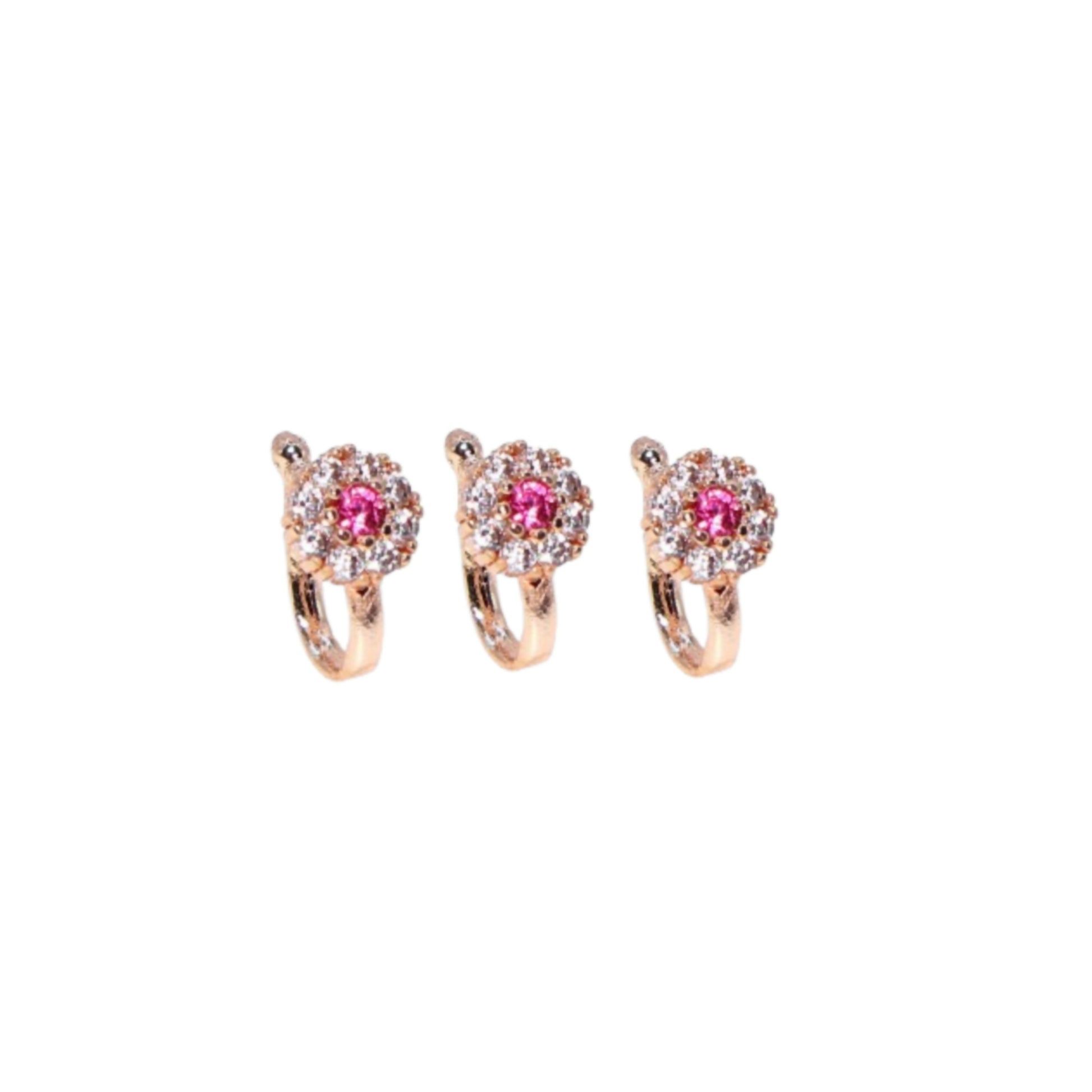Rose Gold Plated Ruby Floral Non-Piercing Clip-On Nose Pin Combo Pack of 3