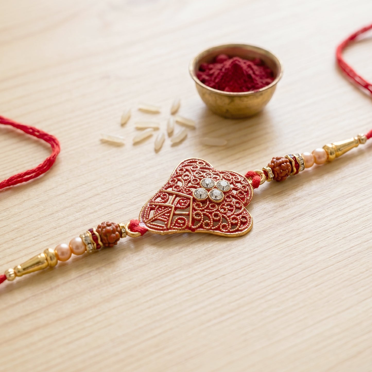 Red Heart Meenakari Rakhi with Pearl Chain and Gold Beads