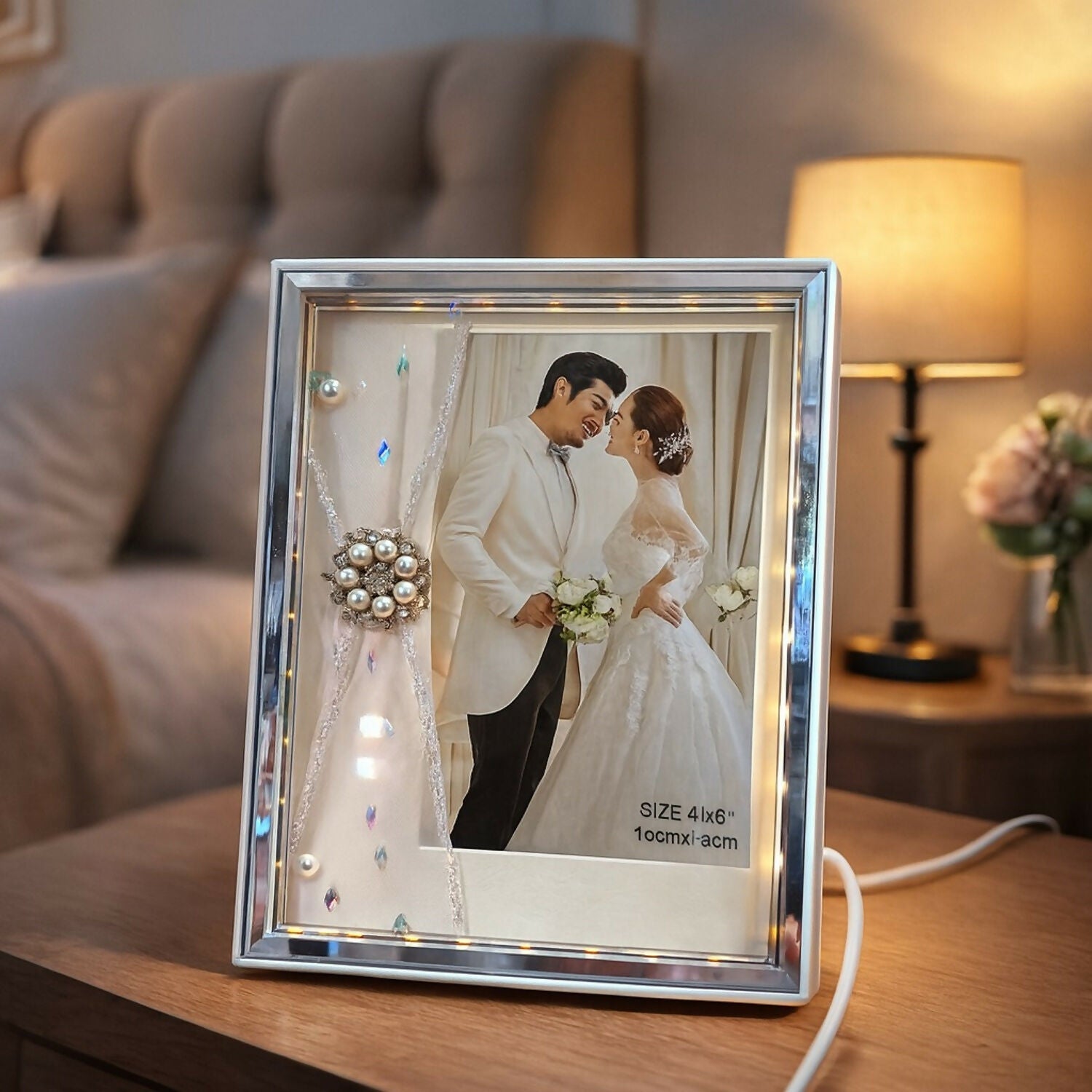Luxury LED Light Photo Frame for Table Décor | 4x6 Inch USB Powered Decorative Photo Frame with Warm Fairy Lights, Pearls & Ribbon | Wedding Anniversary Gift, Bedroom Night Lamp Photo Frame, Home Decoration Showpiece