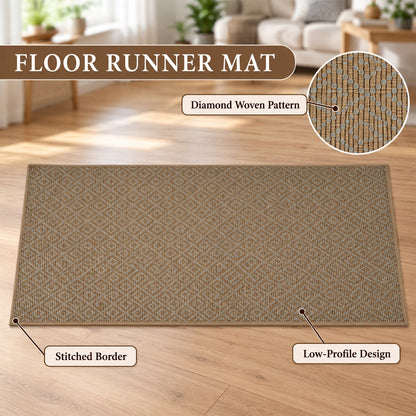 A brown floor runner mat with a diamond woven pattern, stitched border, and low-profile design is highlighted.