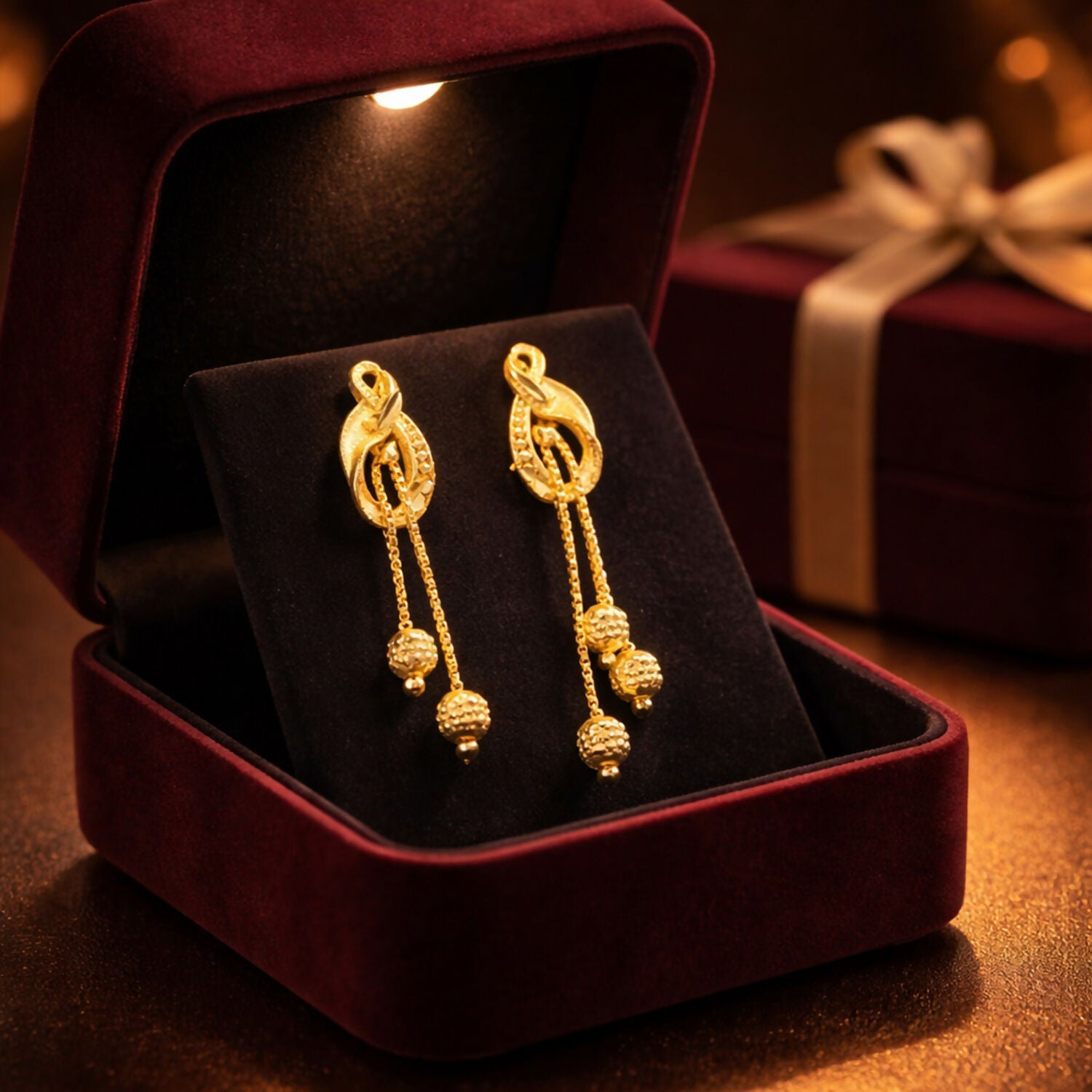 Regal Floral Gold Drop Earrings with Cascading Chain Bead Statement Design (2 Pair)