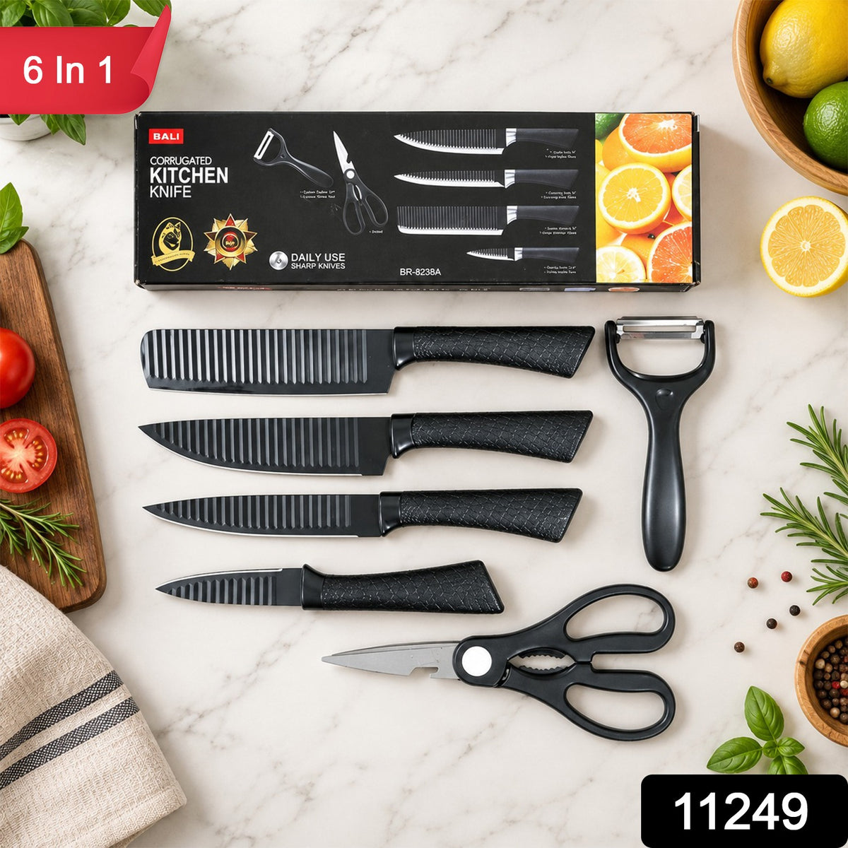 6 in 1 Kitchen Knife Set with Scissors and Peeler for Daily Cooking (6 Pc Set)