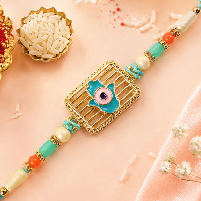 Evil Eye Square Charm Rakhi with Turquoise Beads and Modern Festive Gift Style Ideas