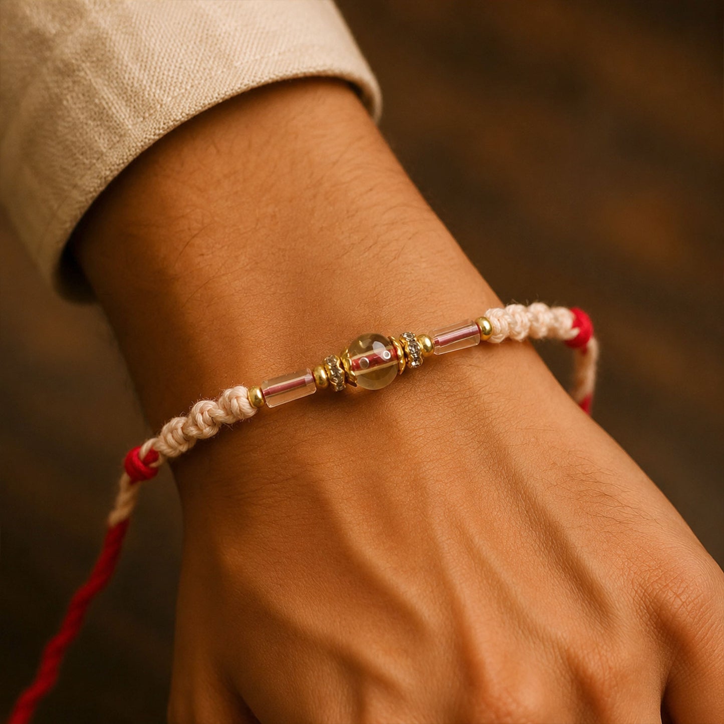 Sparkling Pearl Stone Rakhi with Colorful Thread and Premium Festive Beauty