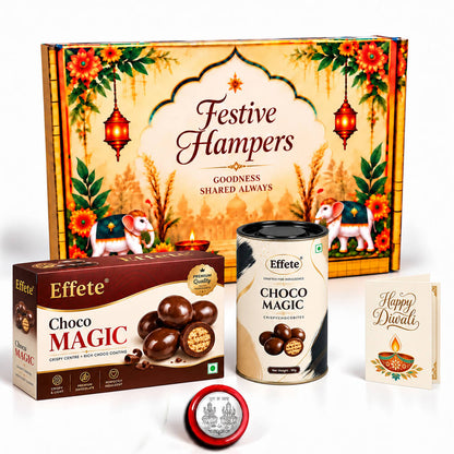 A festive gift box, chocolate box, canister, greeting card, and silver coin on a white surface.