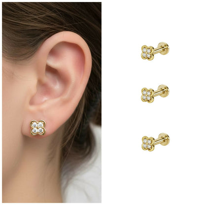 Four-Leaf Clover gold plated internal thread flat back stud showcasing sparkling diamonds