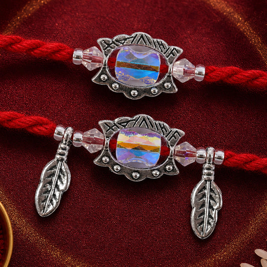 Iridescent Stone Bhaiya Bhabhi Rakhi Pair with Silver Leaf Charms for Couple Gift