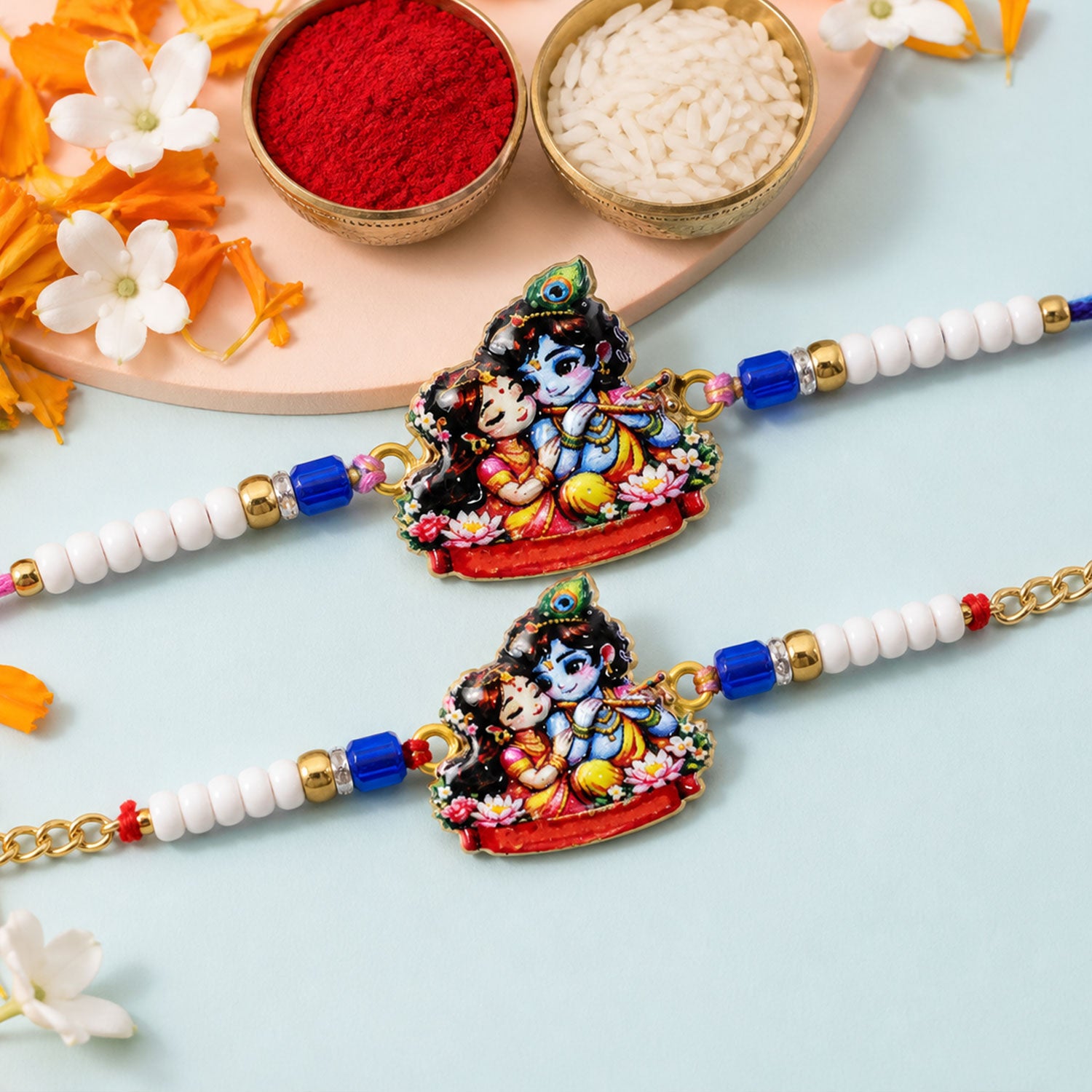 Radha Krishna Cartoon Printed Pearl Beads Bhai Bhabhi Rakhi Set