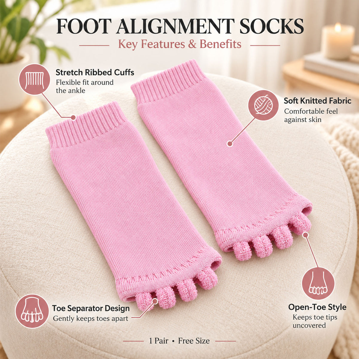 Cotton Blend Open-Toe Comfort Socks with Toe Separators and Ribbed Cuffs (1 Pair)
