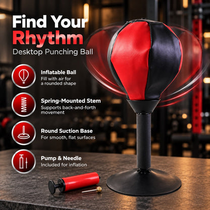 A red and black desktop punching ball with text describing its features: inflatable ball, spring-mounted stem, round suction