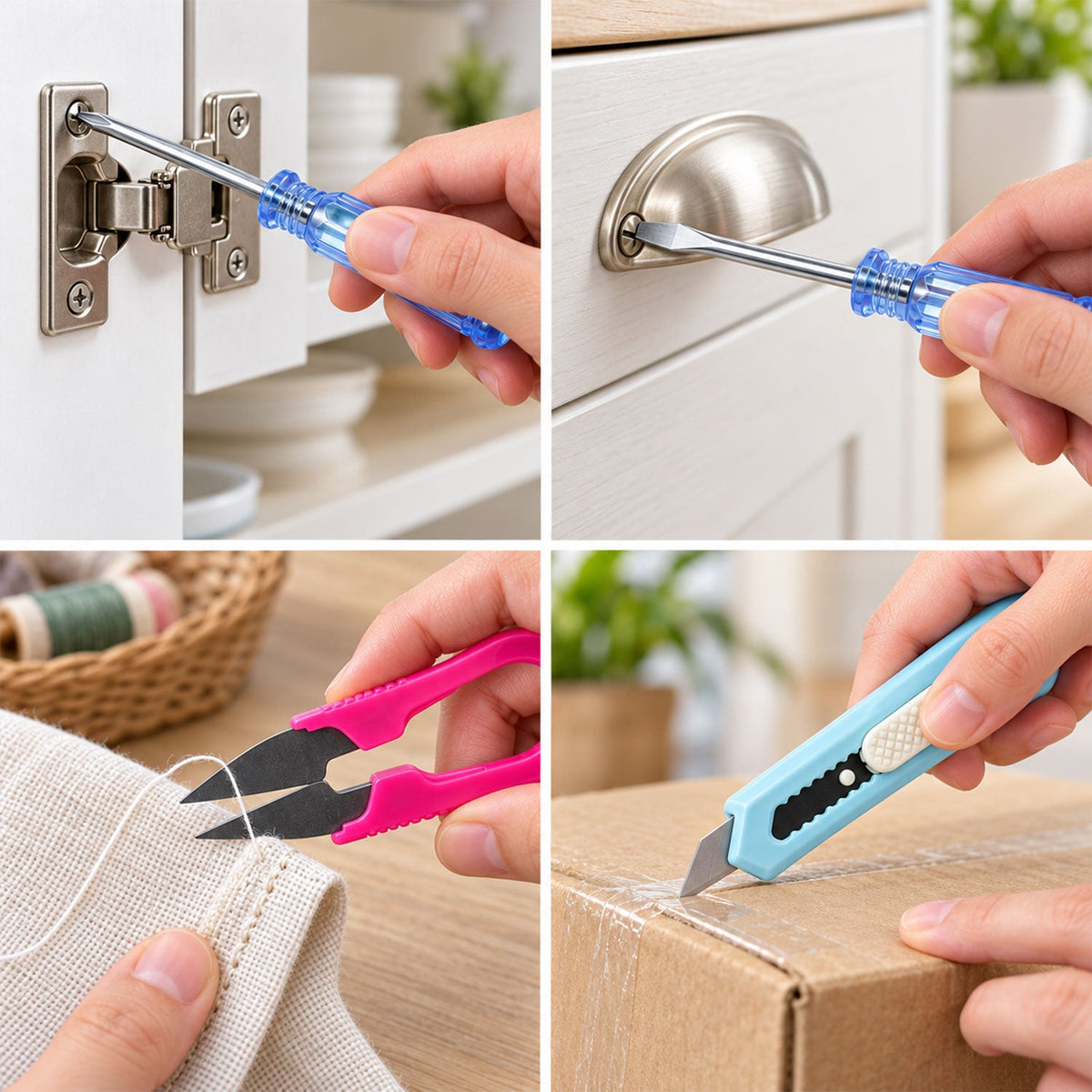 Four close-up shots: hands using a Phillips screwdriver, a flathead screwdriver, pink thread snips on fabric, and a utility