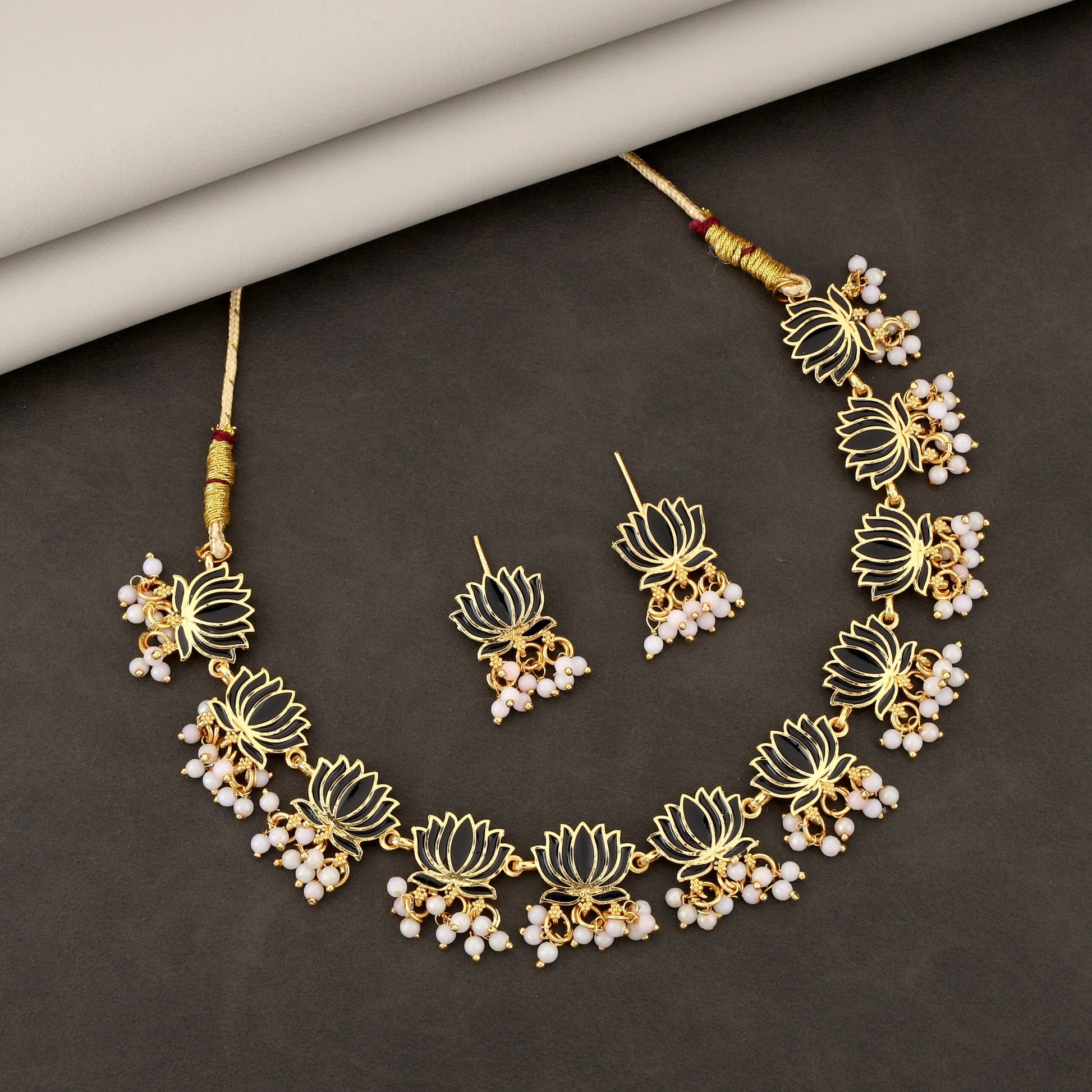 Gold Necklace with Black Lotus & White Beads Pendant for Women Stylish Jewelry