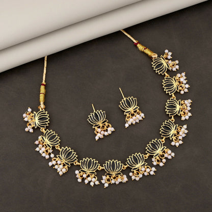 Gold Necklace with Black Lotus & White Beads Pendant for Women Stylish Jewelry