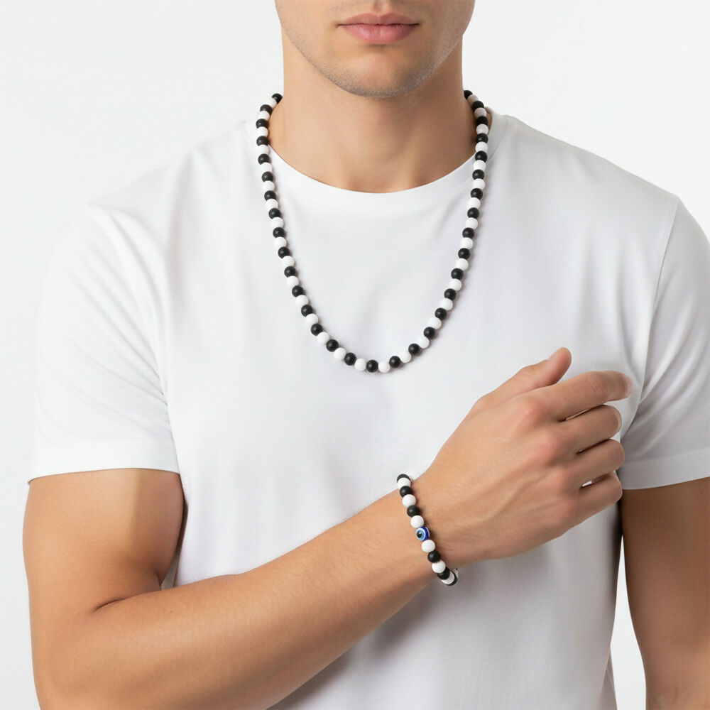 Black & White Beads Necklace & Evil Eye Bracelet Combo