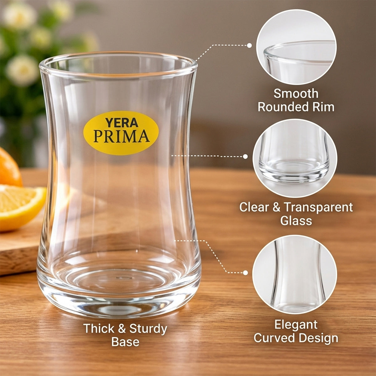 Yera Prima Radiance Zest Curved Glass Tumbler Set for Water and Juice (6 Pc)