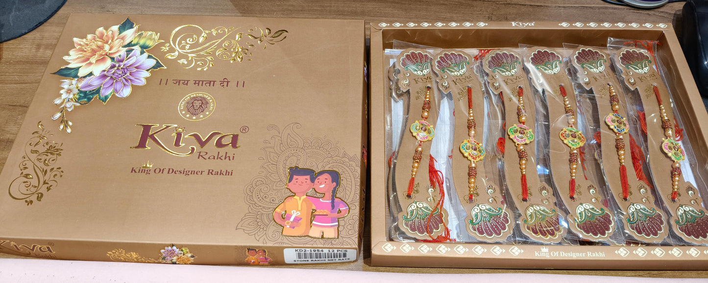 Traditional Rudraksha & Meenakari 12 Pcs Rakhi – Ethnic Design with Red Thread & Golden Beads