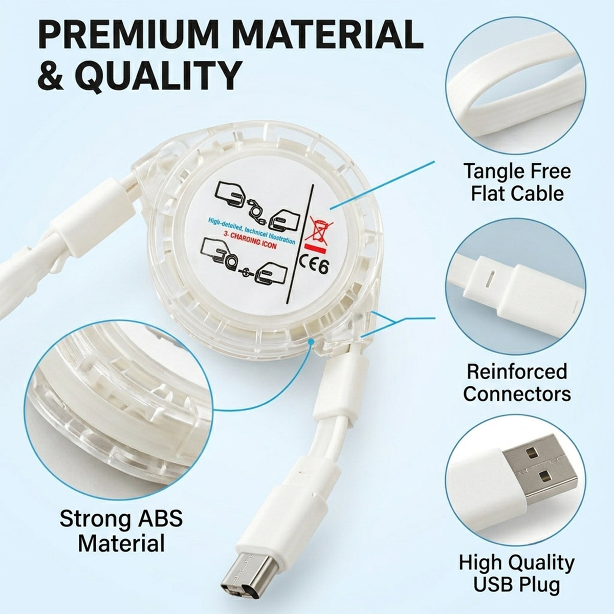 Retractable USB Charging Cable with Type-C, Micro USB and Lightning (3 in 1)