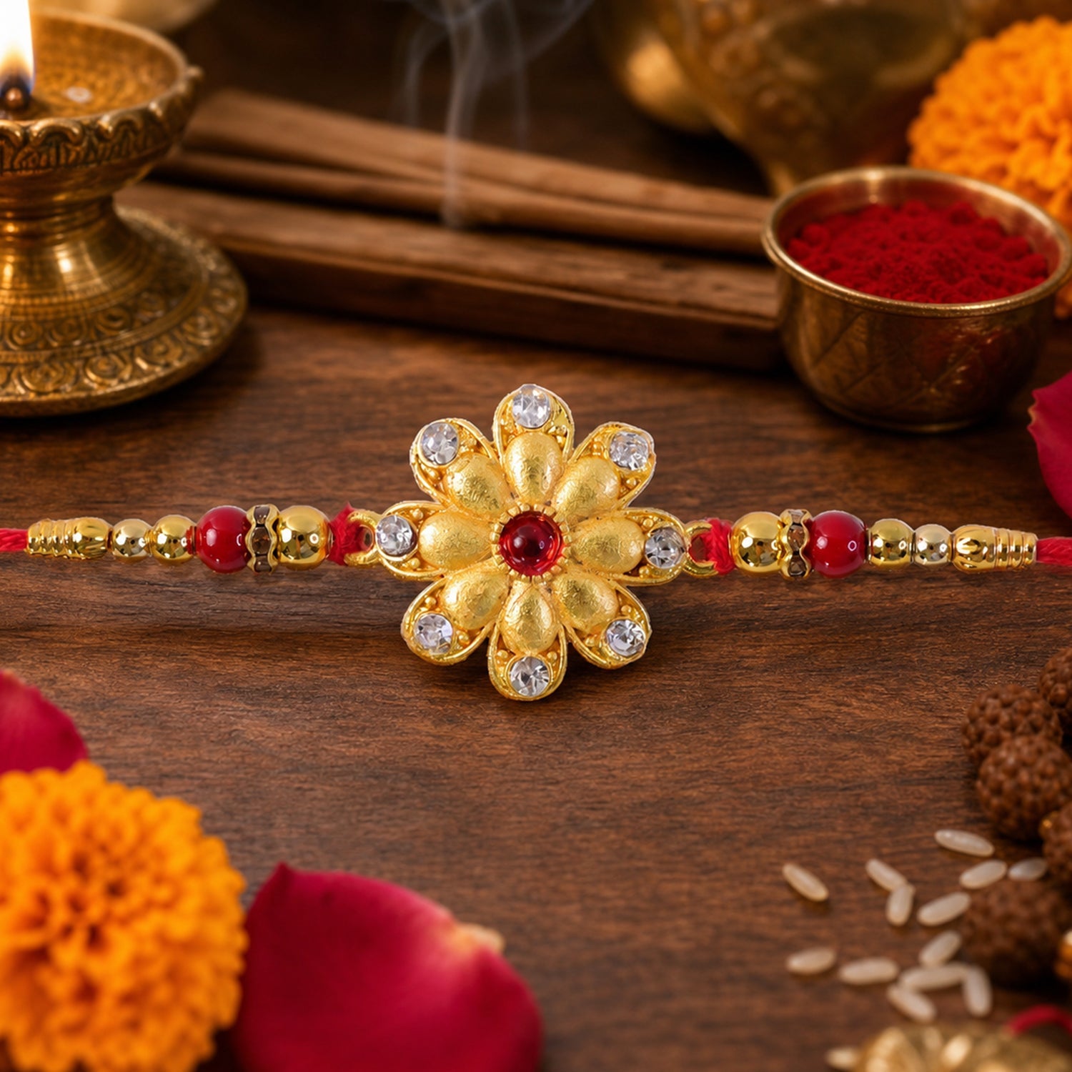 Golden Flower Rakhi for Brother Festive Raksha Bandhan Design (5pcs)