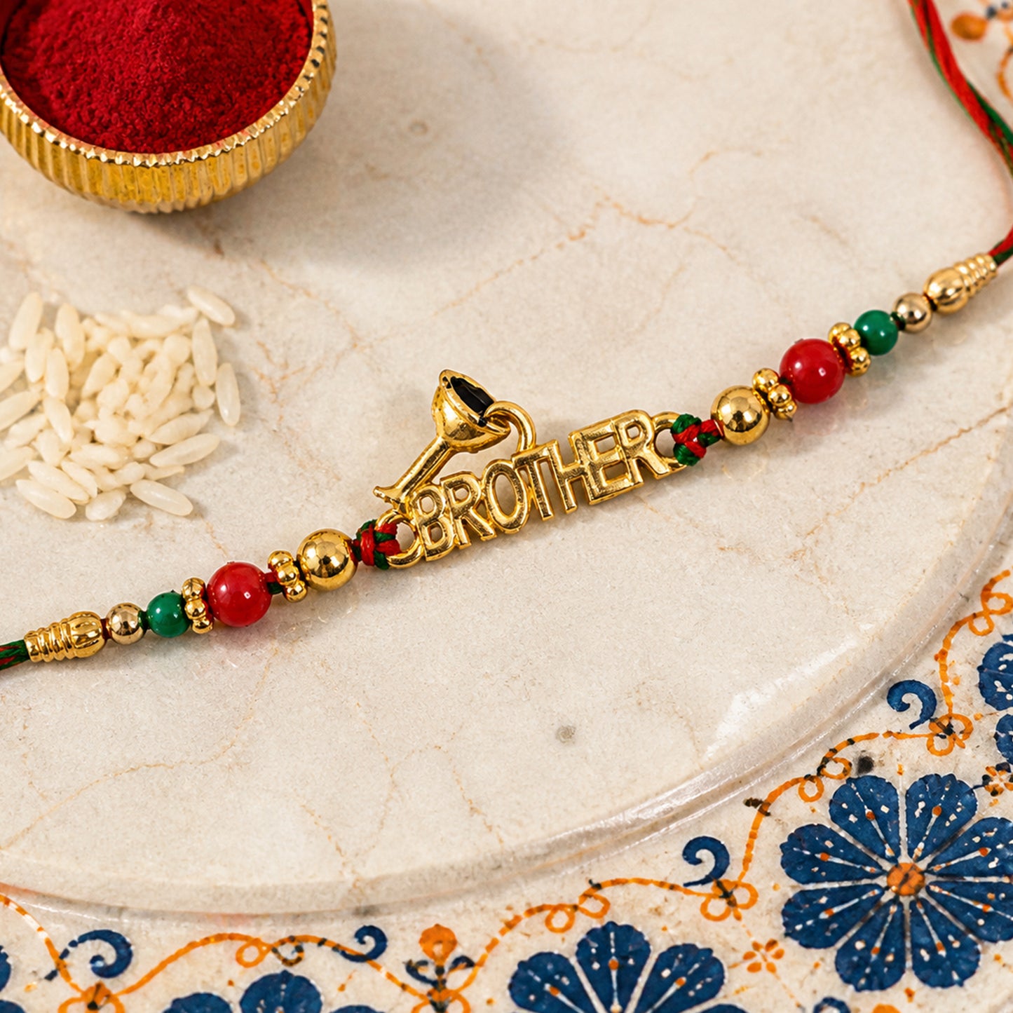 Designer Rakhi with BROTHER Text Plaque and ornate frame in wrist look for Gift Use