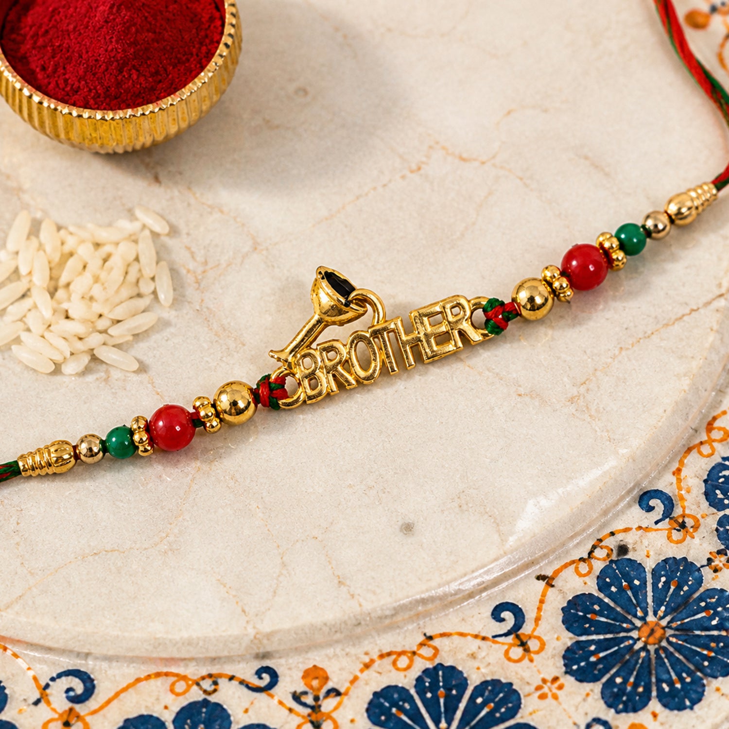 Designer Rakhi with BROTHER Text Plaque and ornate frame in wrist look for Gift Use