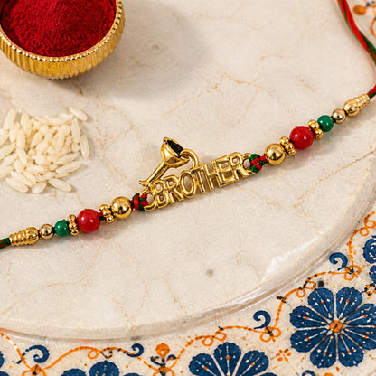 Designer Rakhi with BROTHER Text Plaque and ornate frame in wrist look for Gift Use
