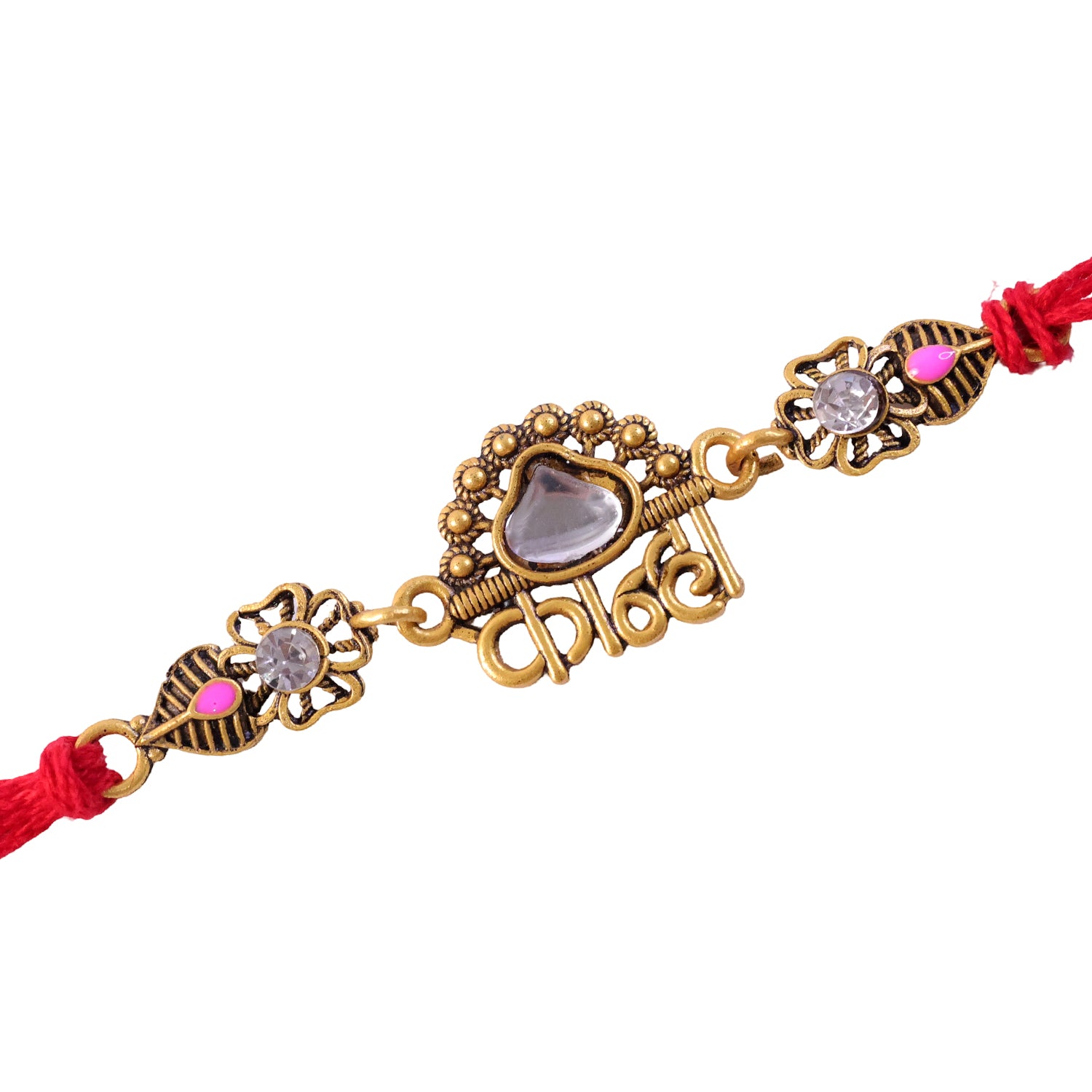 Antique Gold-Toned Kanha Rakhi with Kundan-Style Stone, Crystal Accents & Red Thread