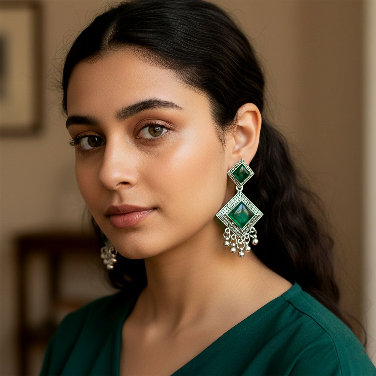 Traditional Indian Oxidised Dangler Earrings with Square Green Monalisa Stones