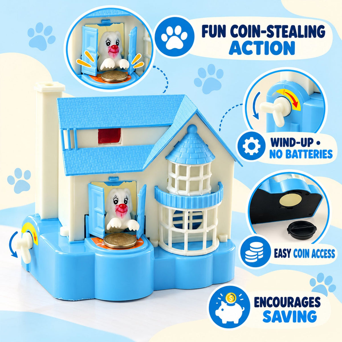 A blue and white house-shaped coin bank with callouts showing its wind-up mechanism, coin access, and puppy action.