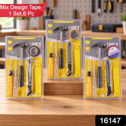 Three identical 6-in-1 household tool kits, each sealed in clear plastic, are displayed on a light brown wooden tabletop.