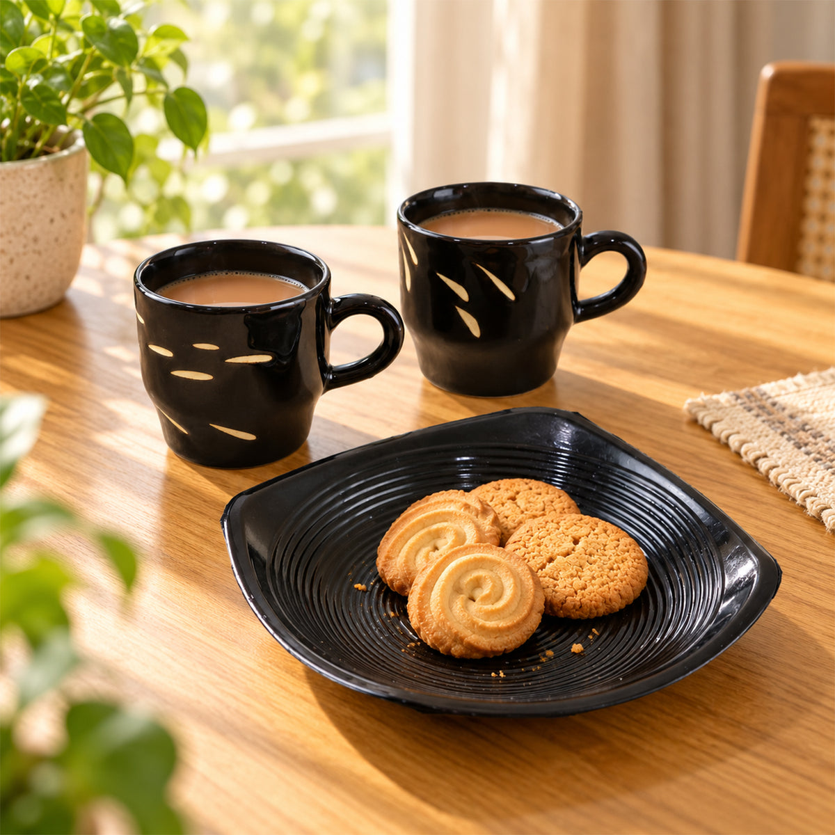 Ceramic Tea Cup Set – Includes Plastic Square Serving Platter