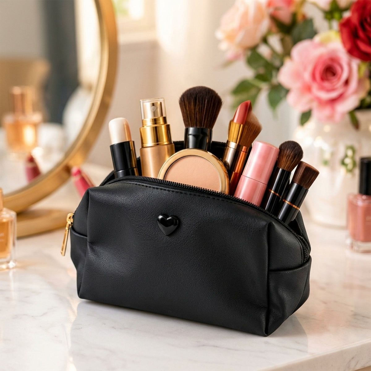 Black Faux Leather Zipper Makeup Pouch with Heart Detail (1 Pc)