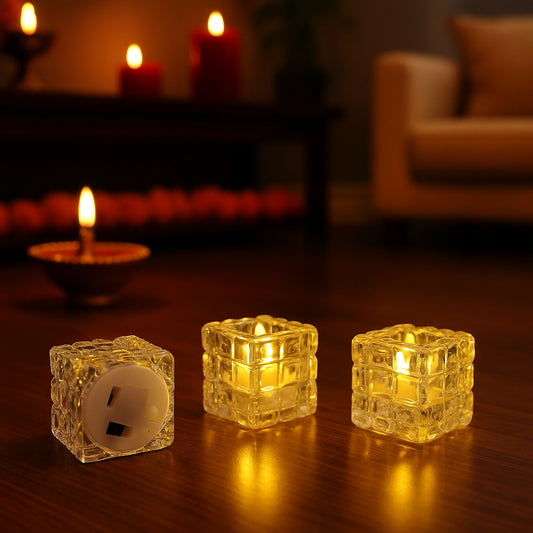 Set of 24 Square Crystal LED Tealight Candles | Battery Operated Flameless Decorative Lights | Warm Yellow Glow for Diwali, Pooja, Wedding, Home Décor, Parties & Festivals