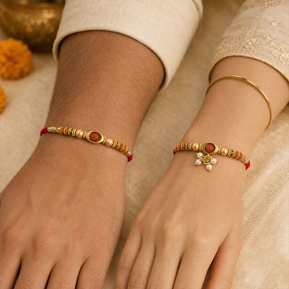 Elegant Pearl Drop Bhaiya Bhabhi Rakhi Set with Designer Beads & Red Thread Gift