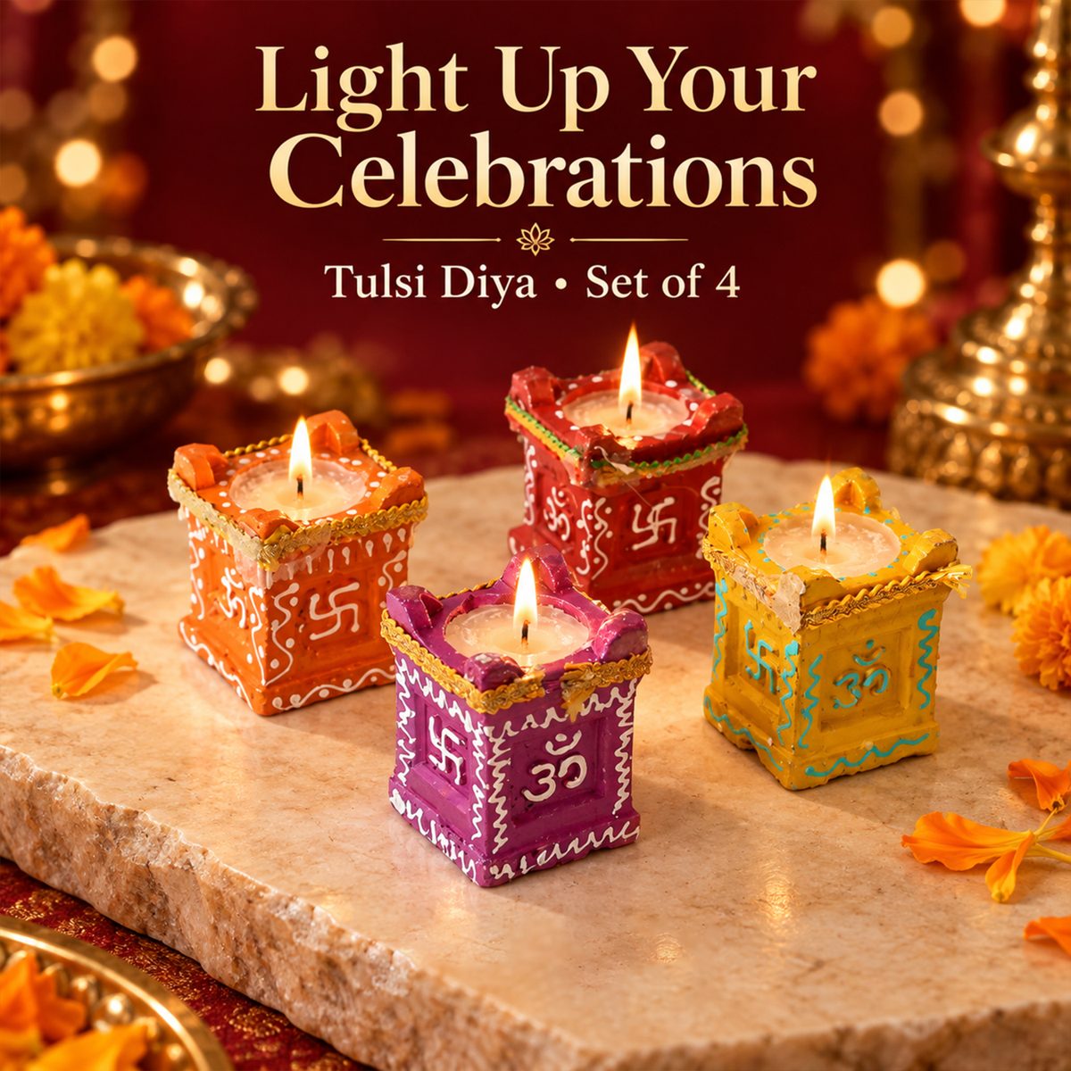 Tulsi-Shaped Decorative Clay Wax Diyas with Painted Details (4 Pc)