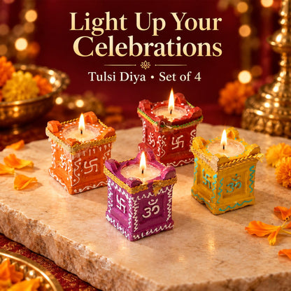 Tulsi-Shaped Decorative Clay Wax Diyas with Painted Details (4 Pc)