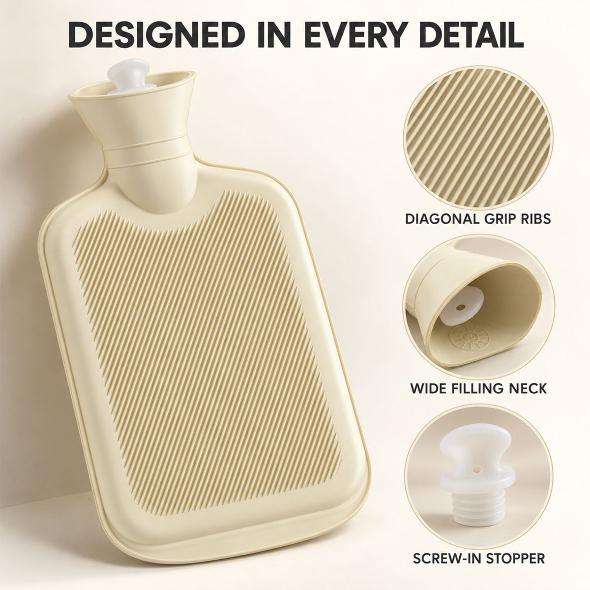 A light yellow hot water bottle with a ribbed surface and a white screw-in stopper is displayed with close-ups of its