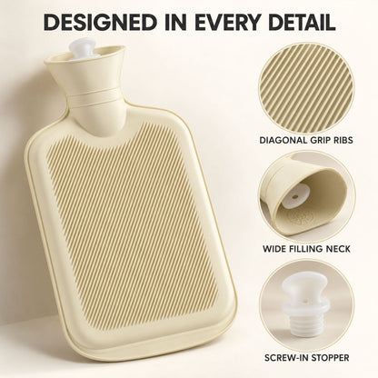 A light yellow hot water bottle with a ribbed surface and a white screw-in stopper is displayed with close-ups of its
