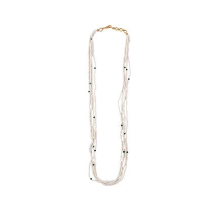White and green multi-layer mala styled with ethnic attire