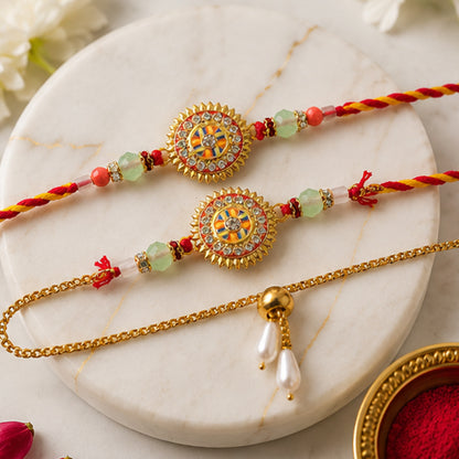 Round Mandala Stone Bhai Bhabhi Lumba Rakhi with Pearl Chain Detail