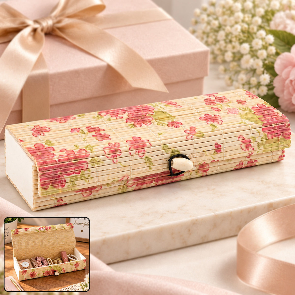 Decorative Wooden Gift Box with Roll Top Lid Floral Design (1 Pc)