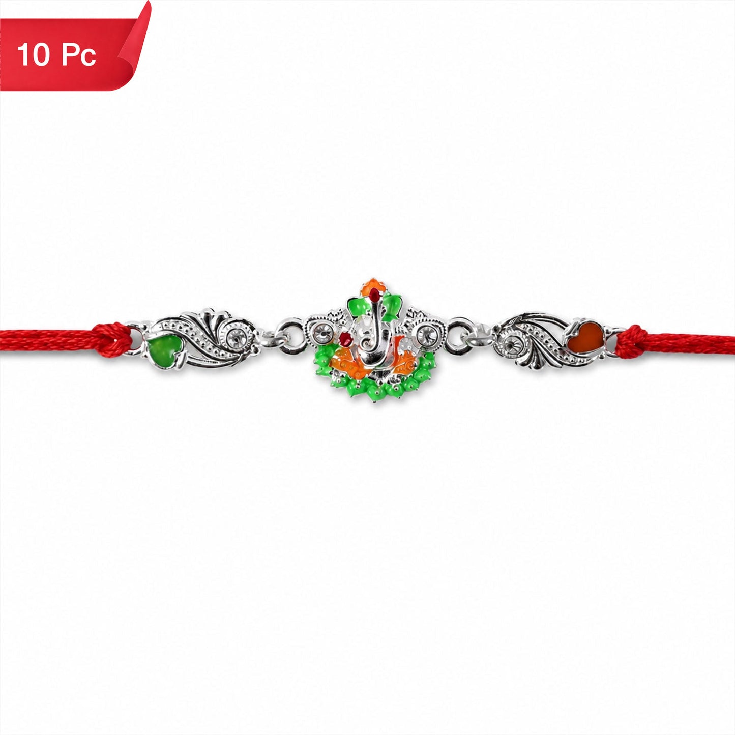 Rakhi Elegant Silver Ganesh Charm with Red Dori for Brother (10pcs)