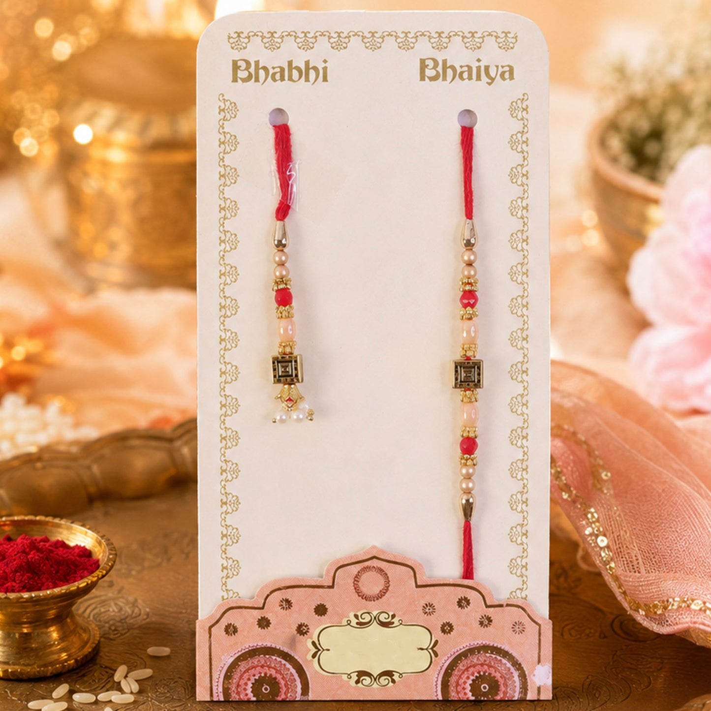 Graceful Circular Medallion Bhai Bhabhi Rakhi with Oval Pendant for Festive Gifting